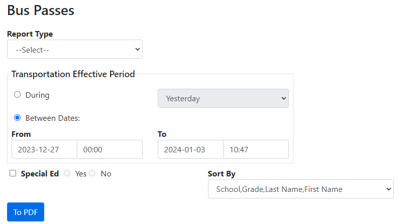 Bus Passes Report Search Criteria